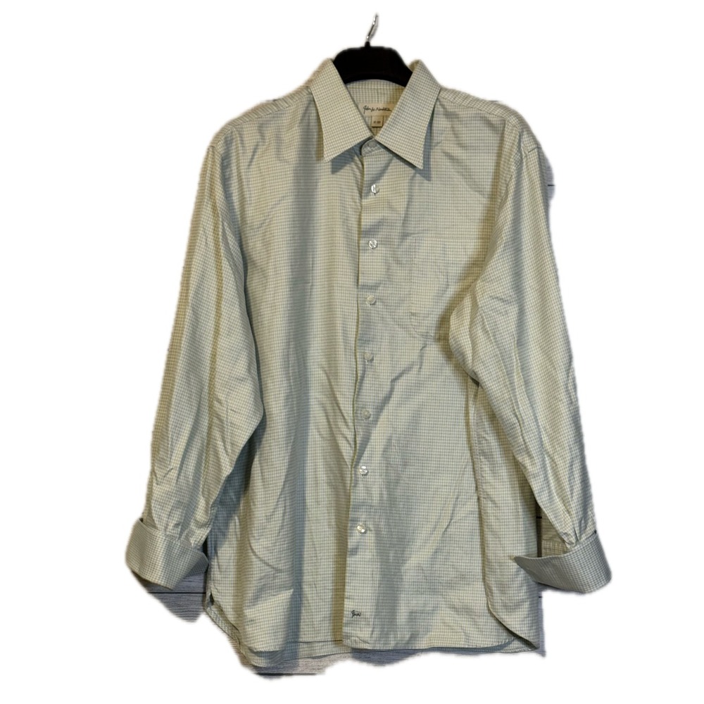 John W. Nordstrom Dress Shirt Men's 17-33 Green Blue Micro Check Cotton